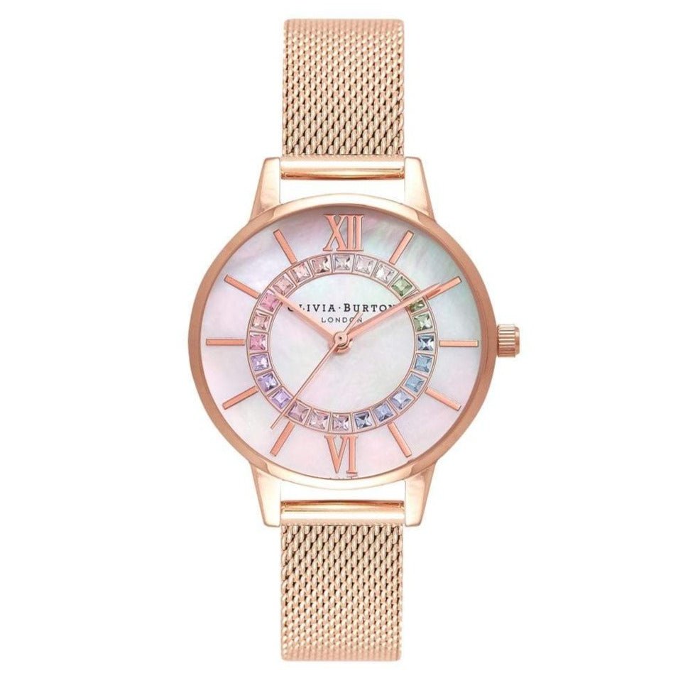 Rainbow Sparkle Wonderland Rose Gold Mesh Watch OB16WD95 Olivia Burton