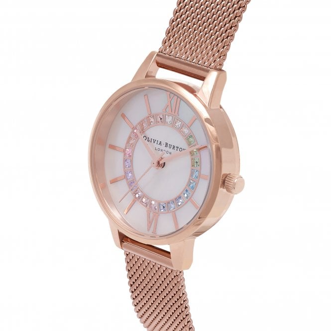 Rainbow Sparkle Wonderland Rose Gold Mesh Watch OB16WD95 Olivia Burton